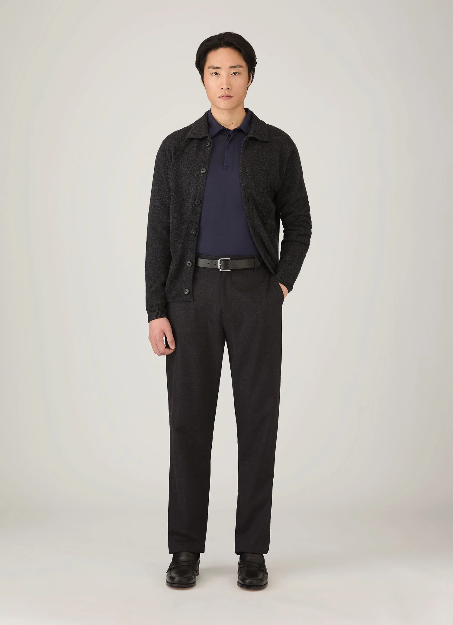Men's Long Sleeve Ultra-Fine Merino Polo Shirt in Navy - Image 3